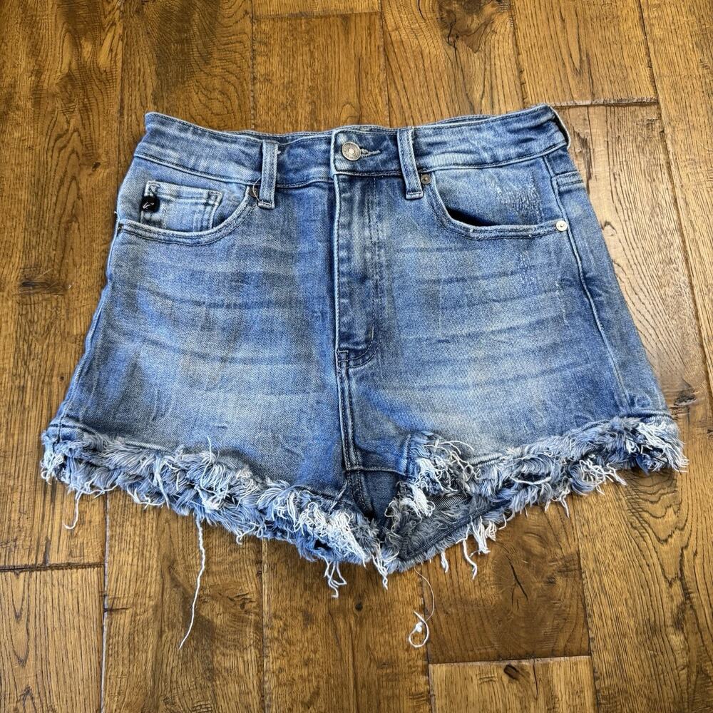 Kancan Cut Off Shorts Womens Sz L Med Wash Frayed Stretch Denim Style KC6358M